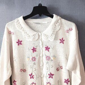 VTG Capistrano Embroidered Cardigan Sweater 2X  3X Cream Floral Granny Cottage